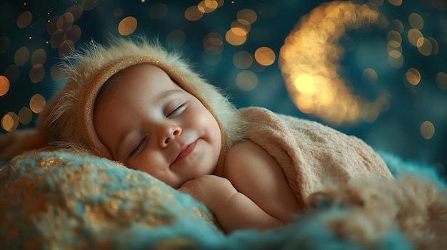 Un bambino è strettamente avvolto in una coperta e sorride pacificamente mentre dorme