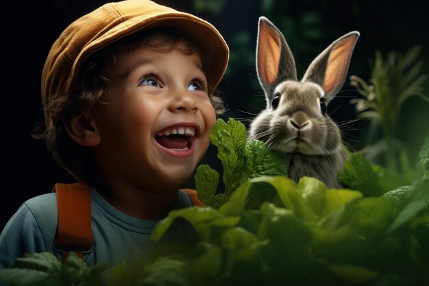 Un bambino e un coniglio in un giardino con una foglia di lattuga che sembrano sorpresi e divertiti