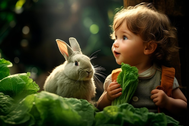 Un bambino e un coniglio in un giardino con una foglia di lattuga che sembrano sorpresi e divertiti