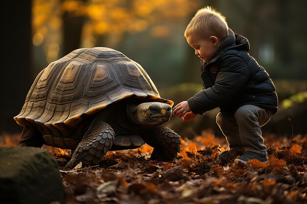 Un bambino e una tartaruga terrestre Un ragazzino biondo con una grande tartaruga selvaggia nella foresta d'autunno