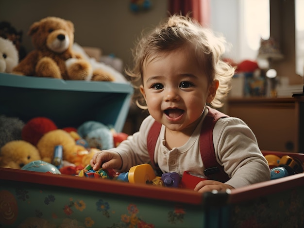 Un bambino eccitato che scopre le meraviglie di una scatola di giocattoli