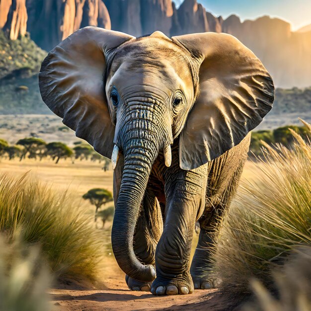 un bambino elefante che cammina nell'erba