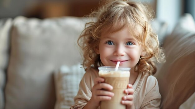 Un bambino estatico che beve caffè con spazio di copia IA generativa vivente positiva