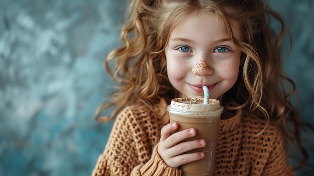 Un bambino estatico che beve caffè con spazio di copia IA generativa vivente positiva