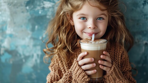 Un bambino estatico che beve caffè con spazio di copia IA generativa vivente positiva