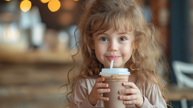 Un bambino estatico che beve caffè con spazio di copia IA generativa vivente positiva