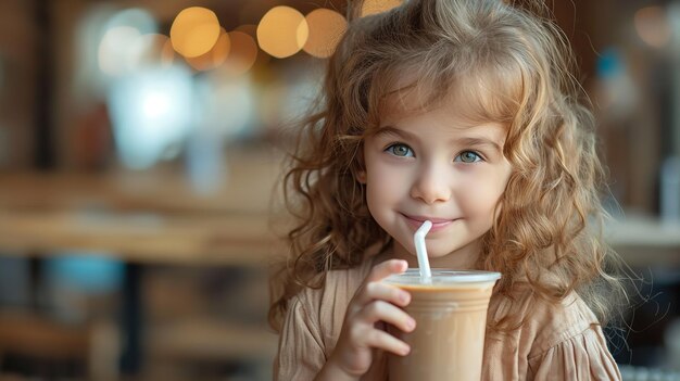 Un bambino estatico che beve caffè con spazio di copia IA generativa vivente positiva