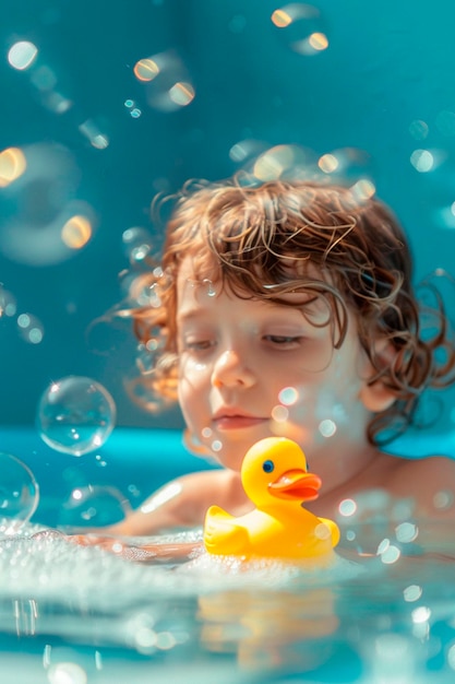 Un bambino fa il bagno in un bagno a bolle con un'anatra Focalizzazione selettiva