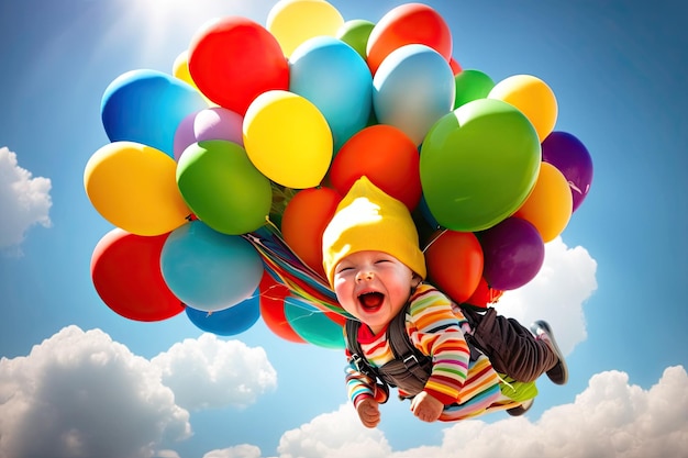 Un bambino felice che vola con palloncini sulla schiena