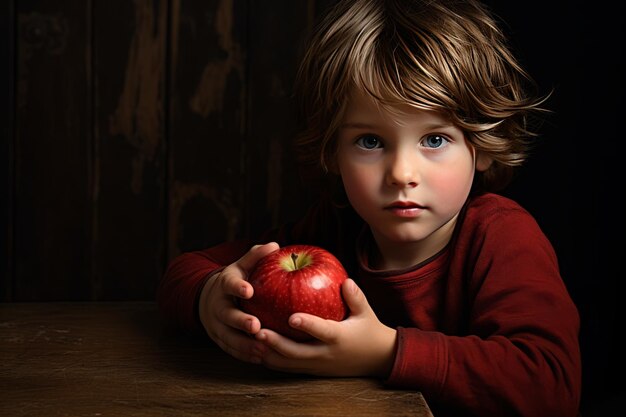 Un bambino felice con in mano una mela AR 32