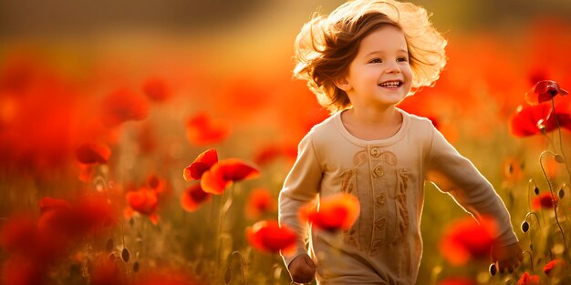 Un bambino felice corre e si diverte in un campo di papaveri Un bambino felice gioca