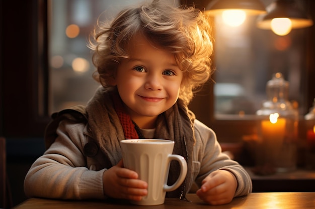 un bambino felice di 5 anni con una tazza di cioccolato caldo in un caffè