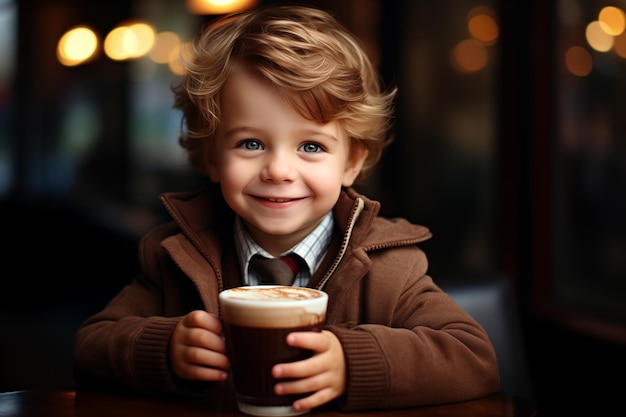 un bambino felice di 5 anni con una tazza di cioccolato caldo in un caffè