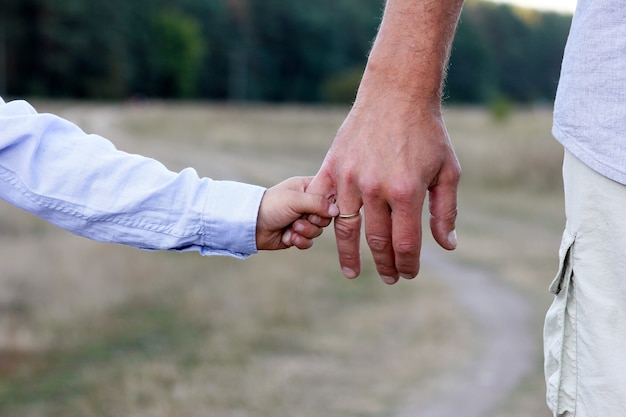 Un bambino felice e le mani dei genitori sulla natura nel viaggio del parco