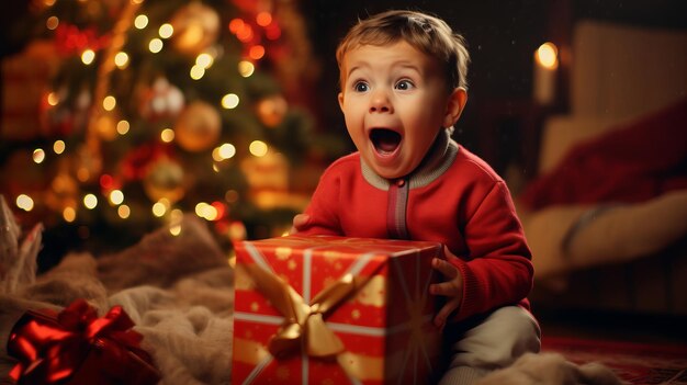 Un bambino felice e sorpreso con il cappello di Babbo Natale spacca il regalo di Capodanno