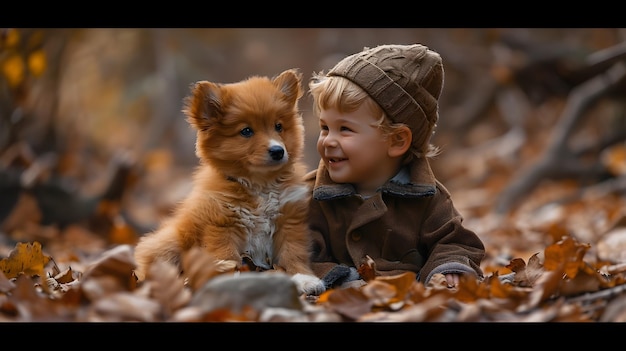 Un bambino felice e un cucciolo che giocano sulle foglie in autunno