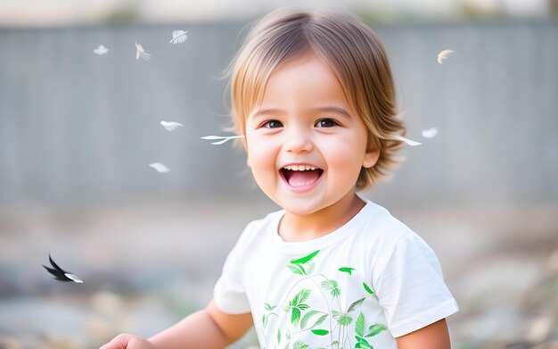 un bambino felice gioca con le piume