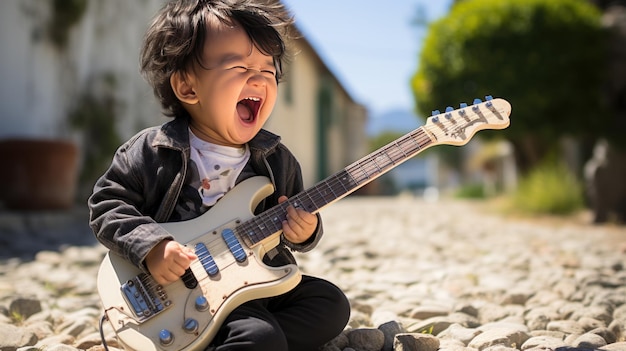 Un bambino felice in tuta che suona una chitarra giocattolo Sfondo UHD