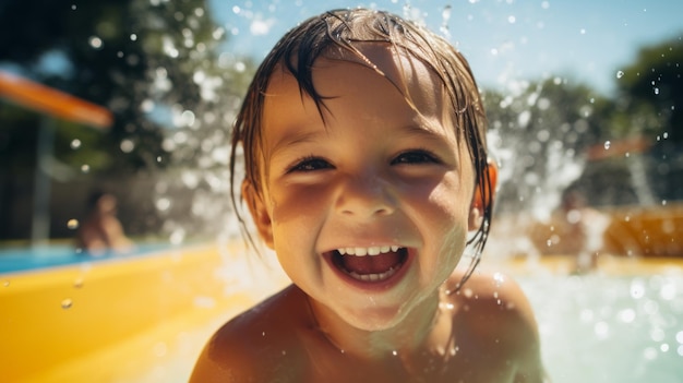 Un bambino felice schizza e gioca in una piscina Bellissima immagine illustrativa IA generativa