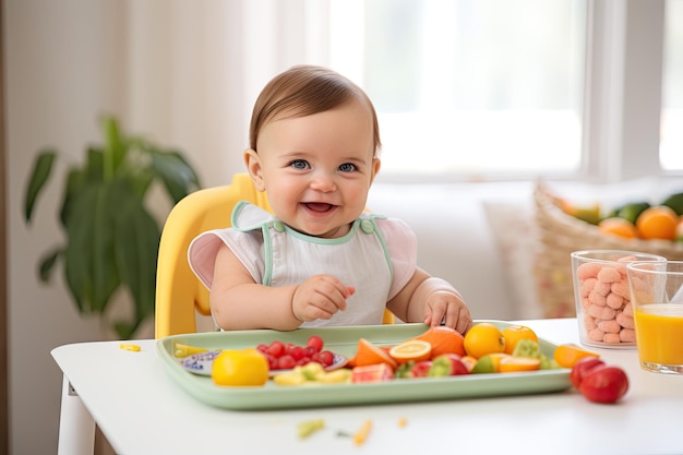 Un bambino felice si concede un pasto nutriente ridendo di cuore mentre è seduto su una poltrona alta