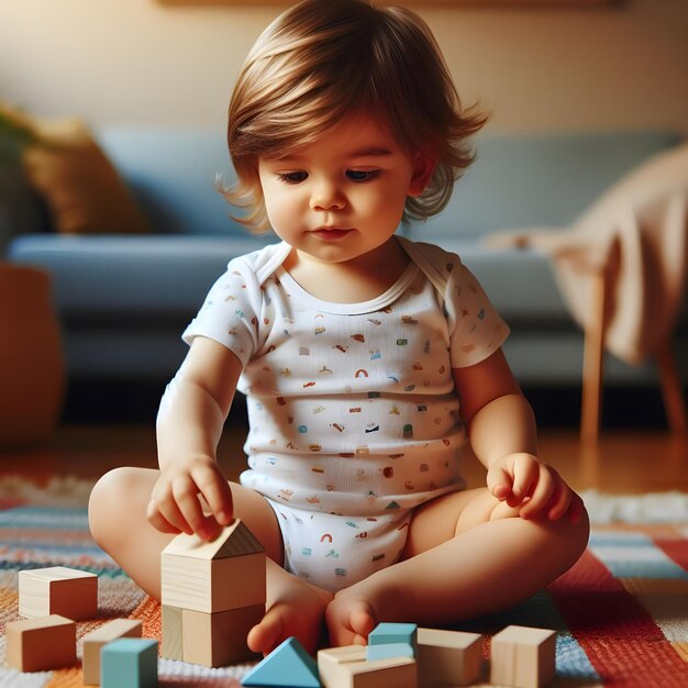 Un bambino gioca creativamente con mattoni colorati in una giornata luminosa