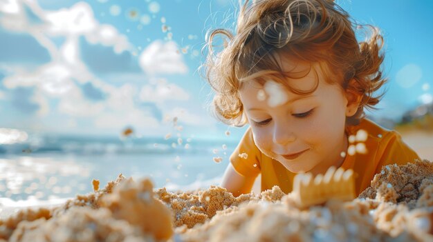 Un bambino giocoso costruisce un castello di sabbia sulla riva