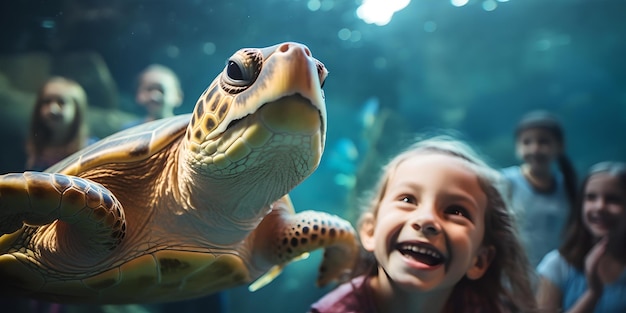 Un bambino gioioso che incontra una tartaruga marina in un acquario che scopre la vita marina e insegna intelligenza artificiale