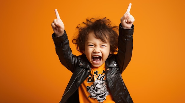 Un bambino grida forte mentre alza le mani in segno di vittoria contro uno sfondo arancione brillante isolato