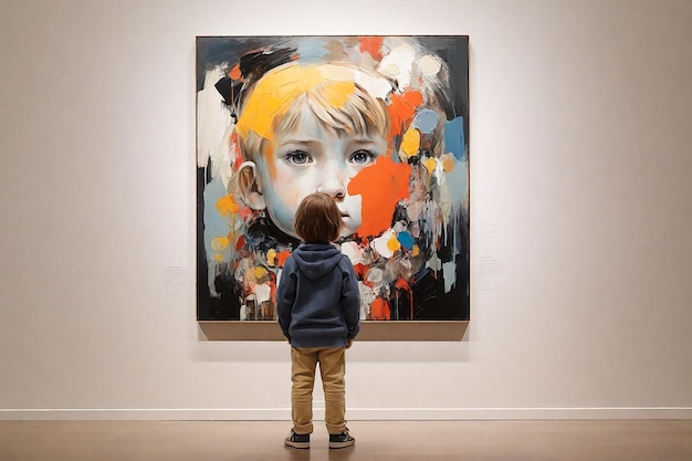 Un bambino guarda un dipinto d'arte moderna in una galleria