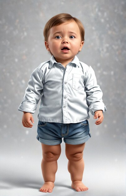 un bambino in camicia bianca e pantaloncini blu