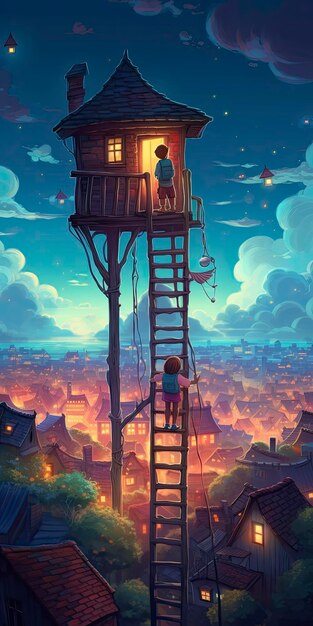 Un bambino in cima a una scala che guarda la città magica che va a dormire notte vivida illuminazione colorata realistica IA generativa