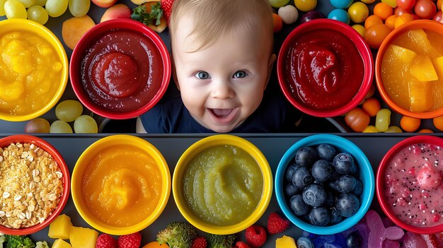 Un bambino in ciotole colorate con un misto di frutta