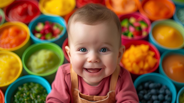 Un bambino in ciotole di cibo