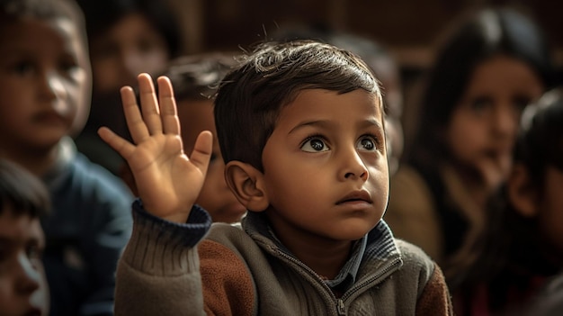 Un bambino in classe con la mano alzata al cielo.