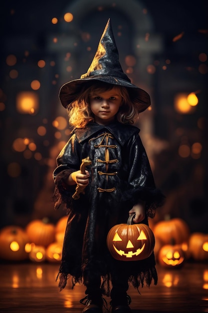 un bambino in costume da strega di Halloween indossa il cappello delle streghe tiene la zucca Jack O Lanterns