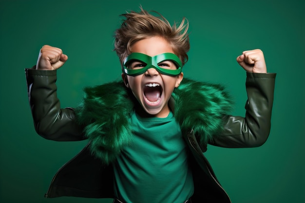 Un bambino in costume da supereroe verde mostra emozionanti emozioni gioiose