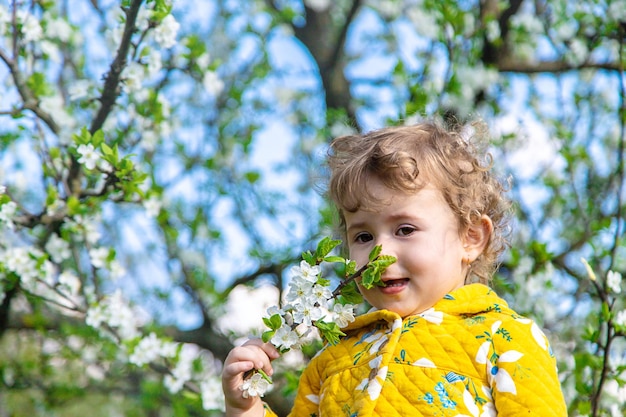 Un bambino in giardino annusa un albero primaverile in fiore Fuoco selettivo