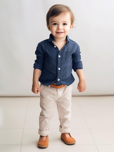 Un bambino in piedi su un pavimento di piastrelle indossa una camicia blu e pantaloni marrone chiaro