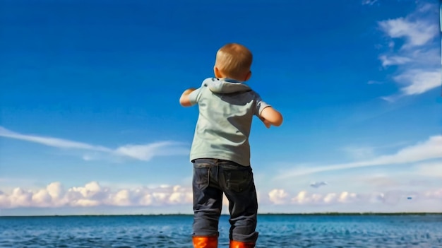 un bambino in piedi su una roccia nell'acqua con un cappuccio