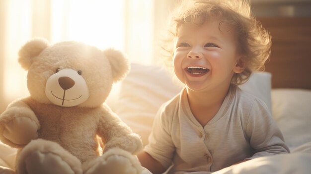 Un bambino in pigiama bianco che gioca a letto la mattina con un orsacchiotto AI generativo