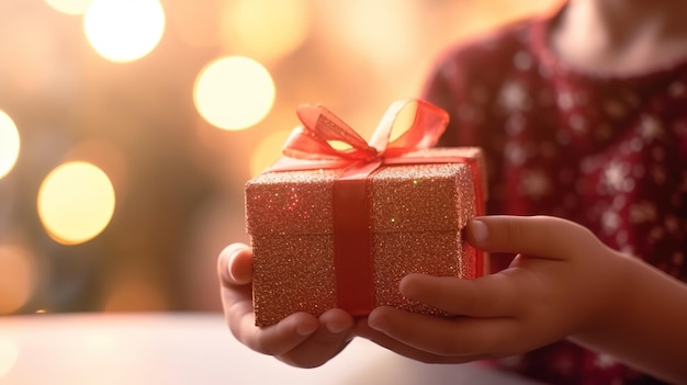 Un bambino in possesso di una confezione regalo con un nastro rosso su di esso.