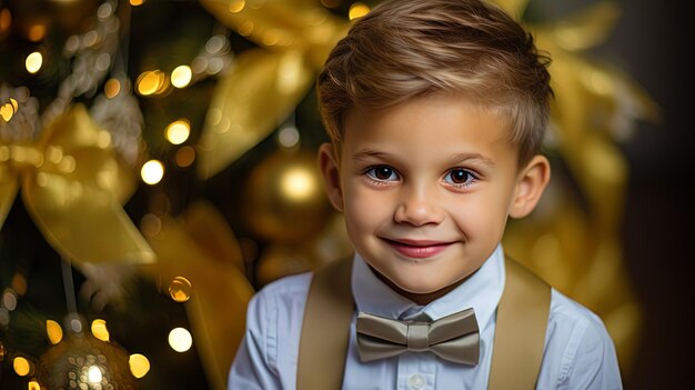 Un bambino in un abito di Capodanno con un sorriso e una ghirlanda nei capelli