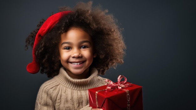 Un bambino in un abito festivo con in mano un regalo