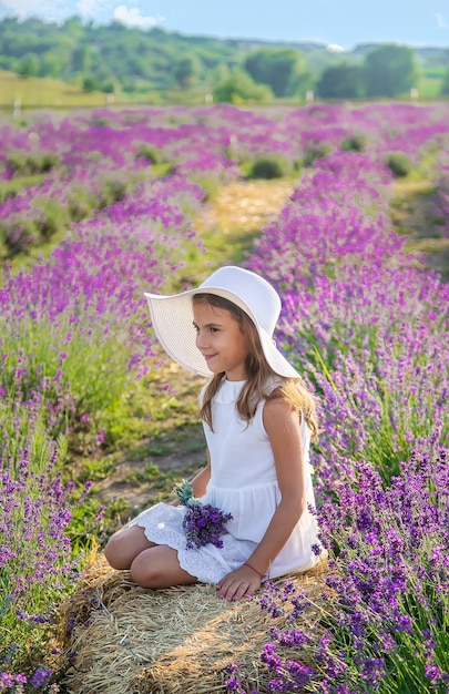 Un bambino in un campo di lavanda. Messa a fuoco selettiva. Natura.