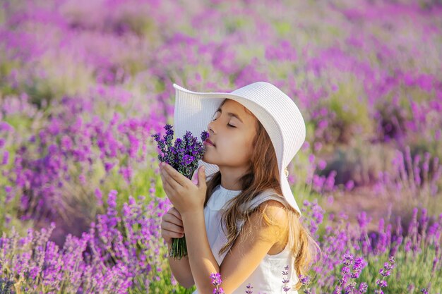 Un bambino in un campo di lavanda. Messa a fuoco selettiva. Natura.