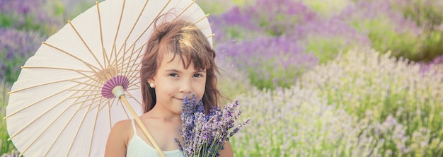 Un bambino in un campo fiorito di lavanda.