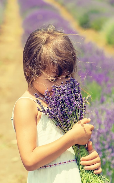 Un bambino in un campo fiorito di lavanda.