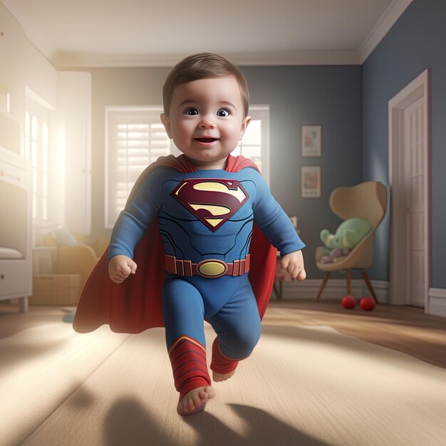 un bambino in un costume di superman sta correndo nel soggiorno