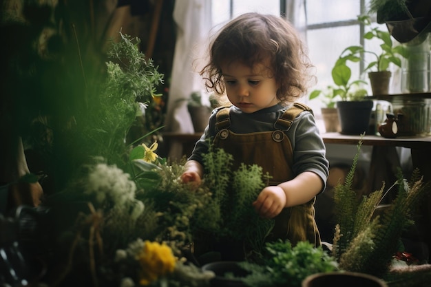 Un bambino in un negozio di fiori