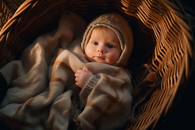 Un bambino in una cesta con una coperta